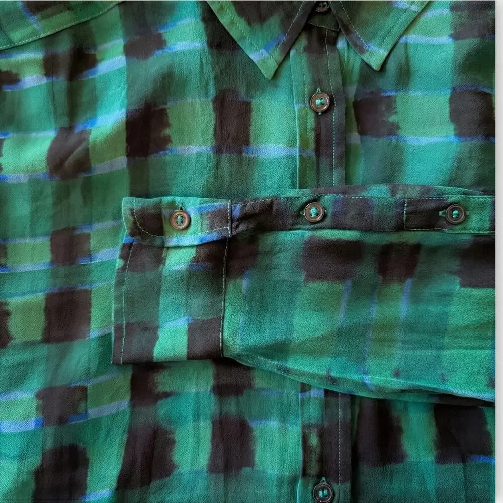 100% Silk Equipment Femme Sheer Green Blue Black Plaid  Blouse | Size S - Picture 3 of 9